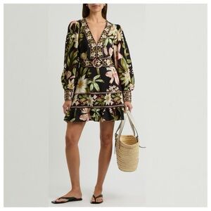 NEW Farm Rio Surreal Flowers Black Long Sleeve Belted Mini Dress